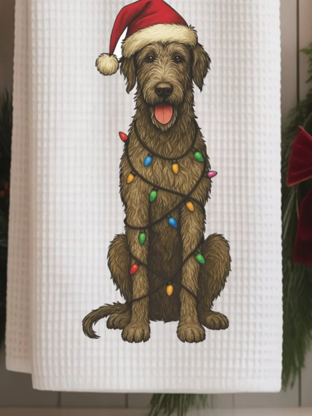 Irish Wolfhound Christmas Lights Decorative Kitchen Tea Towel